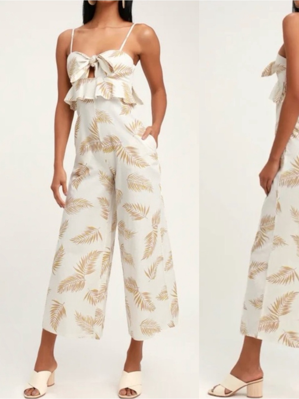 Billabong Wide-Leg Twist Tie White Tropical Print Resort Wear Ruffle jumpsuit